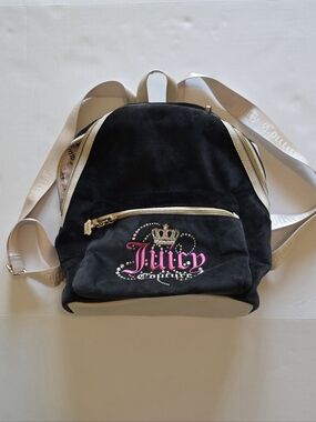 Juicy Couture Y2K Velour Backpack Black Pink Logo Rhinestone Mini Bag